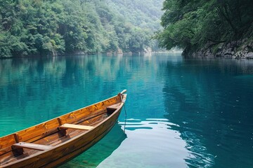 Wooden boat on the lake in the morning, summer season