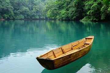 Fototapeta premium Wooden boat on the lake in the morning, summer season