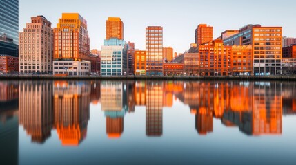 Fototapeta premium Modern city skyline reflecting on calm water at sunset, showcasing vibrant urban architecture and serene waterfront views.