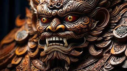 Obraz premium In Balinese culture, the Barong is a mythical creature that has been decorated with protective symbols and ornamental patterns