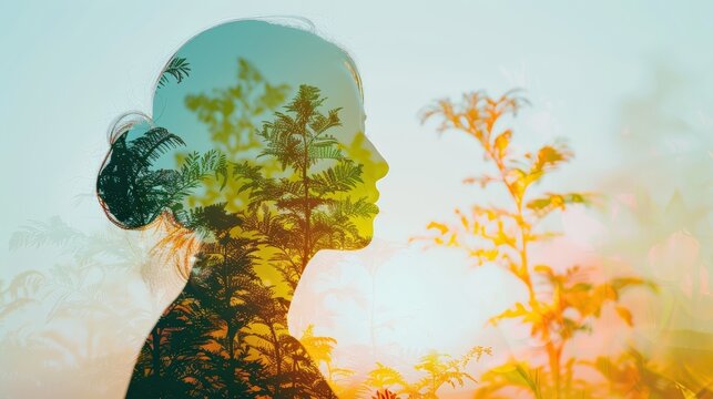 Double exposure of a female silhouette with nature elements, symbolizing harmony between humans and nature in a serene abstract composition.