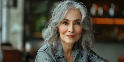 Fototapeta premium Close-up portrait of a joyful and vibrant elderly woman with grey hair. Concept Portraits, Elderly, Joy, Vibrant, Close-up