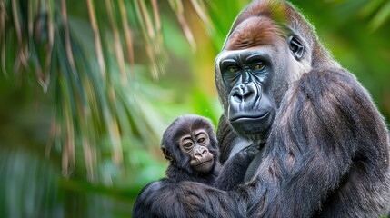 Obraz premium A Protective Mother Gorilla Holding Her Baby