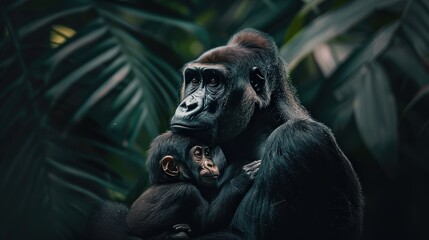 Fototapeta premium Gorilla Mother Holding Her Baby in a Lush Jungle