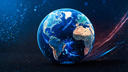 Transparent globe of Earth planet from blue glowing particulars on blue background