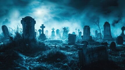 A creepy graveyard on Halloween night, with mist rolling in, tombstones casting long shadows, and ghostly figures lurking among the graves.