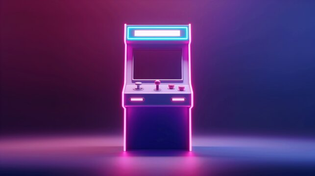 3D illustration of a retro arcade cabinet with neon lights in a purple and blue setting.