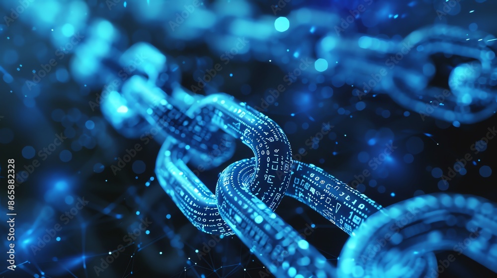 Poster glowing blue blockchain technology chain with binary code. concept of cybersecurity, cryptocurrency,