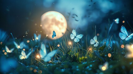 Fototapeta premium Grass ball surrounded by luminous butterflies, set in a tranquil meadow under a full moon