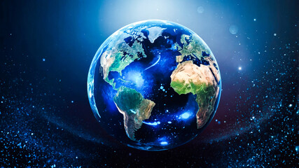Fototapeta premium Transparent globe of Earth planet from blue glowing particulars on blue background