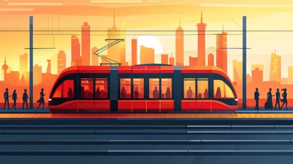 Modern red tram at sunset with city skyscrapers silhouette in background. Urban transportation and daily commute scene.