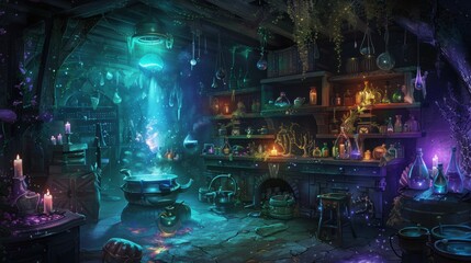 illustration of a witch's potion-making room for Halloween. 