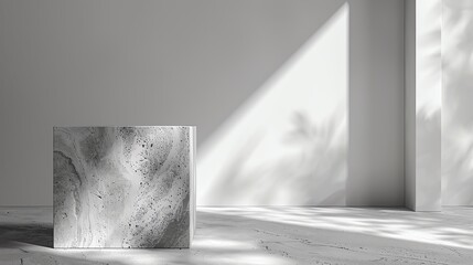 Clean gray monochrome template with a cube-shaped granite pedestal, light background and smooth design