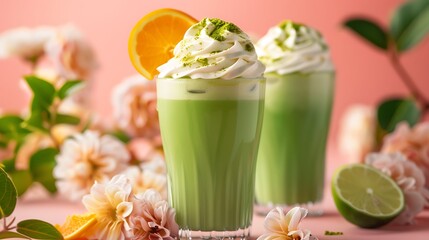 Matcha green tea latte with whipped cream orange and pink background