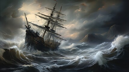 Dramatic scene of a vintage sailing ship battling fierce waves and stormy skies, evoking adventure and peril on the high seas.