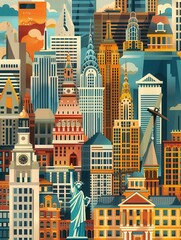 Fototapeta premium 15 USA historical sites flat design worm's-eye view heritage theme water color Split-complementary color scheme