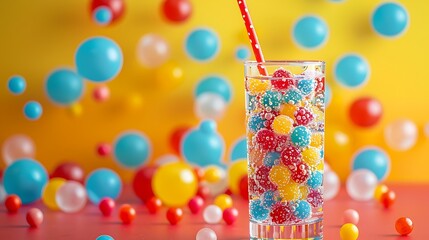 Multi colored jelly balls and fizzy drink inside long cocktail glass with red white straw backdrop