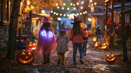 Obraz premium A group of children dressed in creative and colorful Halloween costumes, trick-or-treating in a neighborhood with decorated houses.