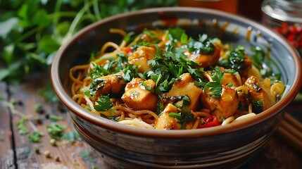 Orange chicken noodle bowl with garlic and parsley