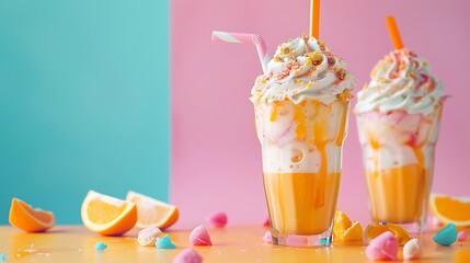 Orange soda creamsicle ice cream float pink and blue background