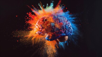 Human brain made of plastic, exploded into colored powder, black background, shot with studio lights