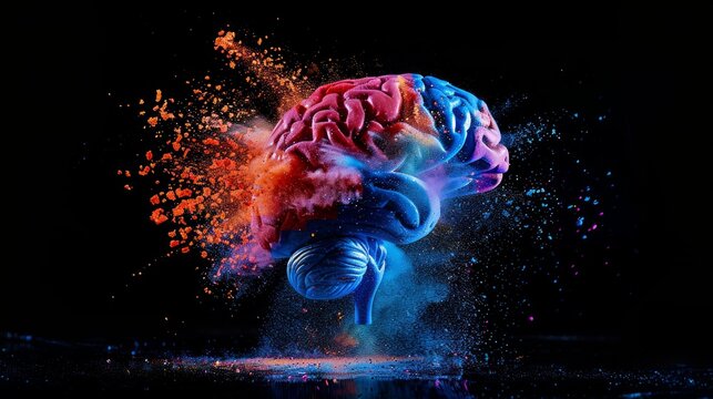Human brain made of plastic, exploded into colored powder, black background, shot with studio lights