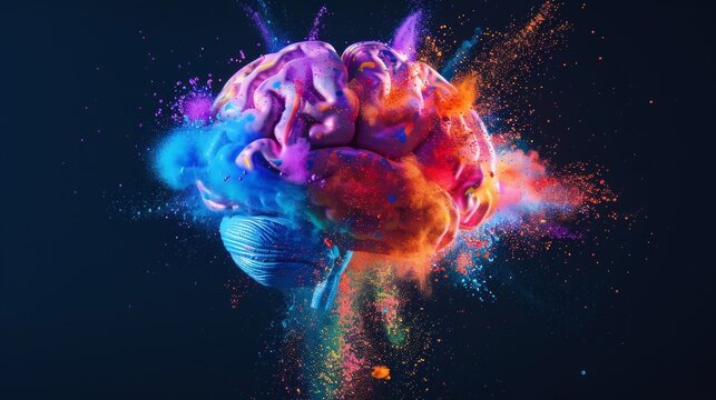 Human brain made of plastic, exploded into colored powder, black background, shot with studio lights