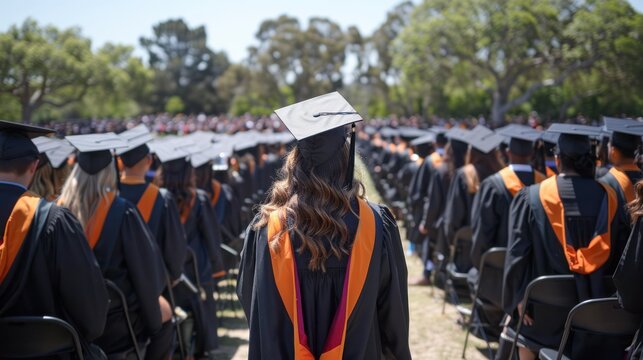 Close up smiling woman on her university graduation ceremonies. Crowded situation in a college graduation.