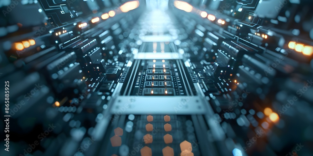 Poster futuristic quantum computer surrounded by digital devices in data center with lights. concept techno