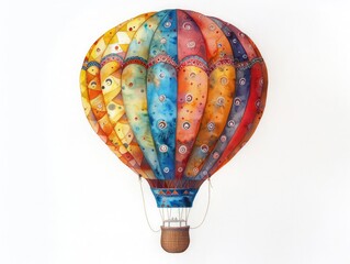 Naklejka premium An artistic watercolor rendering of a hot air balloon, with vibrant colors and detailed patterns, set against a white background