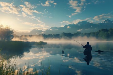 Silhouette of a fisherman enjoying a peaceful morning of fishing on a misty lake with mountain view. Concept of outdoor recreation, hobbies, and tranquility.