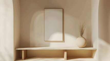 Cozy Minimalist Reading Nook with Empty Frame on Neutral Background