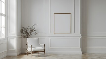 Elegant 3D Rendered Frame and Chair in a Minimalist Interior Setting