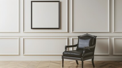 Elegant 3D Rendered Frame and Sleek Chair in a Simple Modern Interior Setting