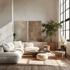 Elegant and Peaceful Open-Plan Living Room with Minimal Decor and Furnishings