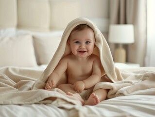 The cute baby is wrapped in a towel, and the bright smile on the camera shows the cute moment