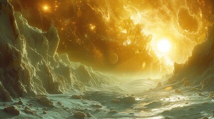 Golden Alien Landscape with Mysterious Sunlight and Rugged Terrain