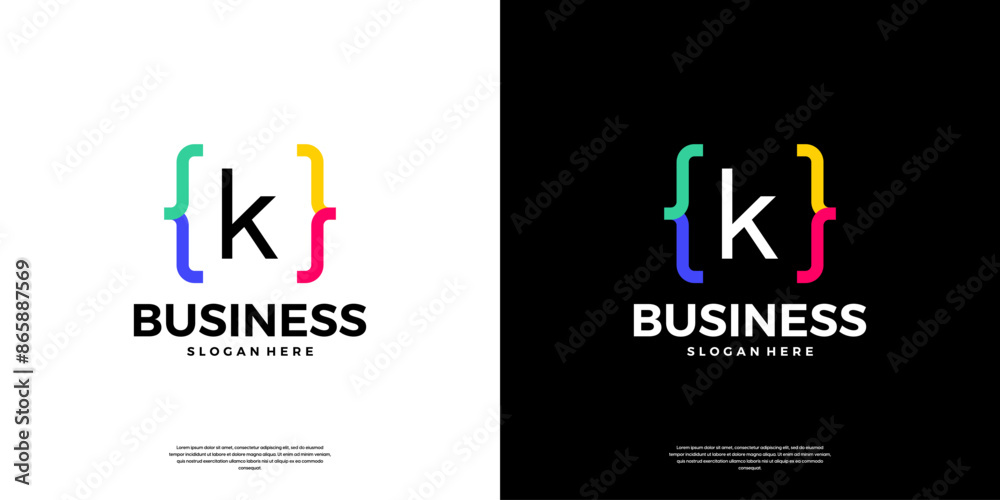 Wall mural colorful coding logo icon. letter k logo with modern code programing symbol logo design.
