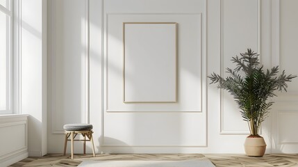 Elegant Minimalist Entryway with Single Blank Frame on White Wall 3D Rendering