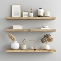 Elegant Minimalist Floating Wooden Shelves with Frame Mockup in Clean Contemporary Interior