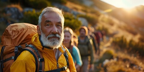 Elderly man with beard leads group of hikers on sunny trail. Concept Adventure, Hiking, Nature, Group Activity, Elderly Leader