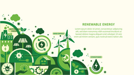 Renewable, green energy and save energy web banner. Ecology, Sustainable clean industrial factory, renewable energy sources and green electricity concept icons. Environment doodle flat design vector