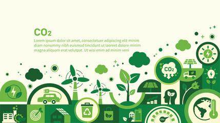 The concept of reduce co2 emission using clean energy and reduce climate change problem with flat icon vector illustration. Green environment templet infographic design for web banner.