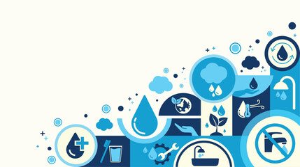 concept of water saving tips icon infographic. Save water, save earth and go green, environment protection campaign concept. on the blue background.	