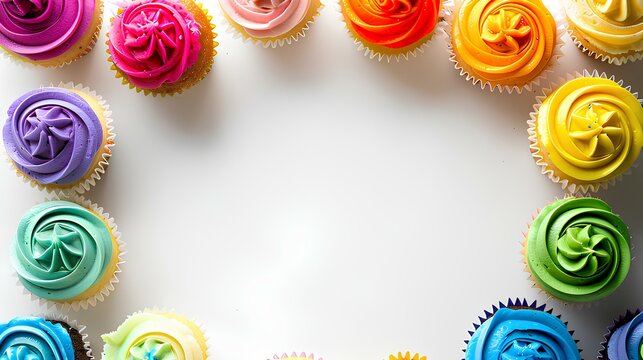 An assortment of colorful cupcakes with rainbow frosting arranged in a semi-circle, with a white background for text space.