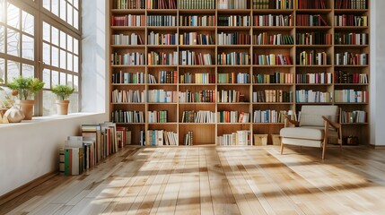 Elegant Minimalist Home Library With Built-in Shelves and Frame Mockup for Cozy Study Area