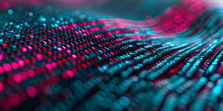 Digital data stream with pixelated binary code encryption in red and blue. Concept Data Encryption, Binary Code, Pixelated Design, Red and Blue Theme, Digital Stream