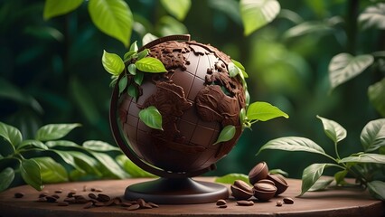 World chocolate day, chocolate globe in a forest surrounded with cocoa beans and leaves, modern blurred background for banners, posters, cards, advertisement