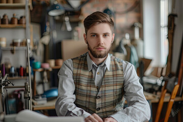 Fototapeta premium Tailor at the workplace looking into the camera, fashion industry