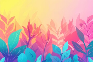 Abstract Colorful Gradient Tropical Leaves Background.  Vibrant pink, yellow, orange, and blue foliage digital illustration.  Nature, summer, spring, and floral artwork
